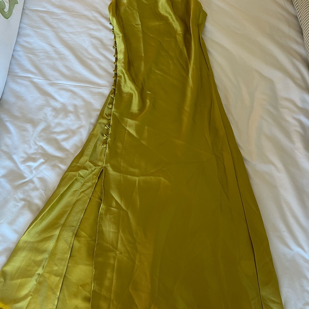 Satin Olive Green Maxi Slip Dress with Side Button Detail